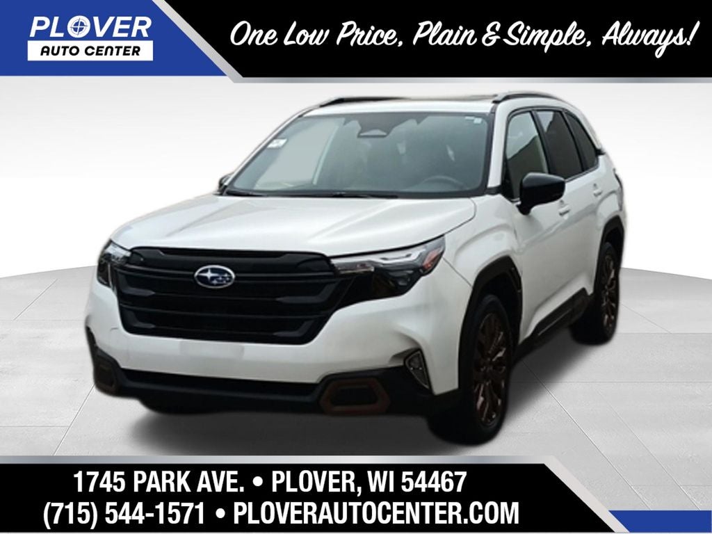 2025 Subaru Forester Sport in Crystal White Pearl — front three-quarter view